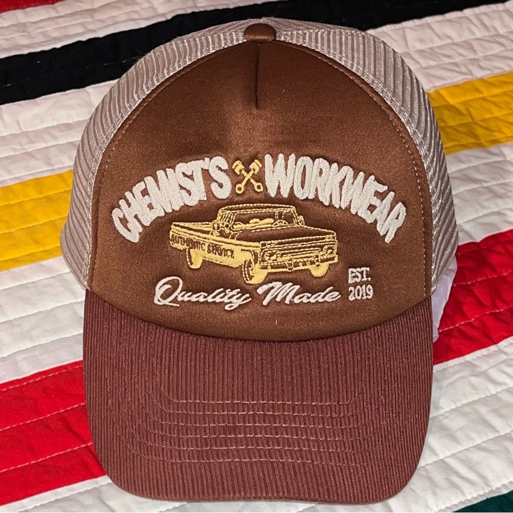 Chemist’s Workwear Trucker Hat Brown Mesh Snapback EST 2019 Vintage Style